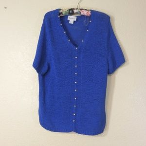 Top Sweater TanJay Short Sleeve Blue XL V-Neck Decorative Buttons Stretchy